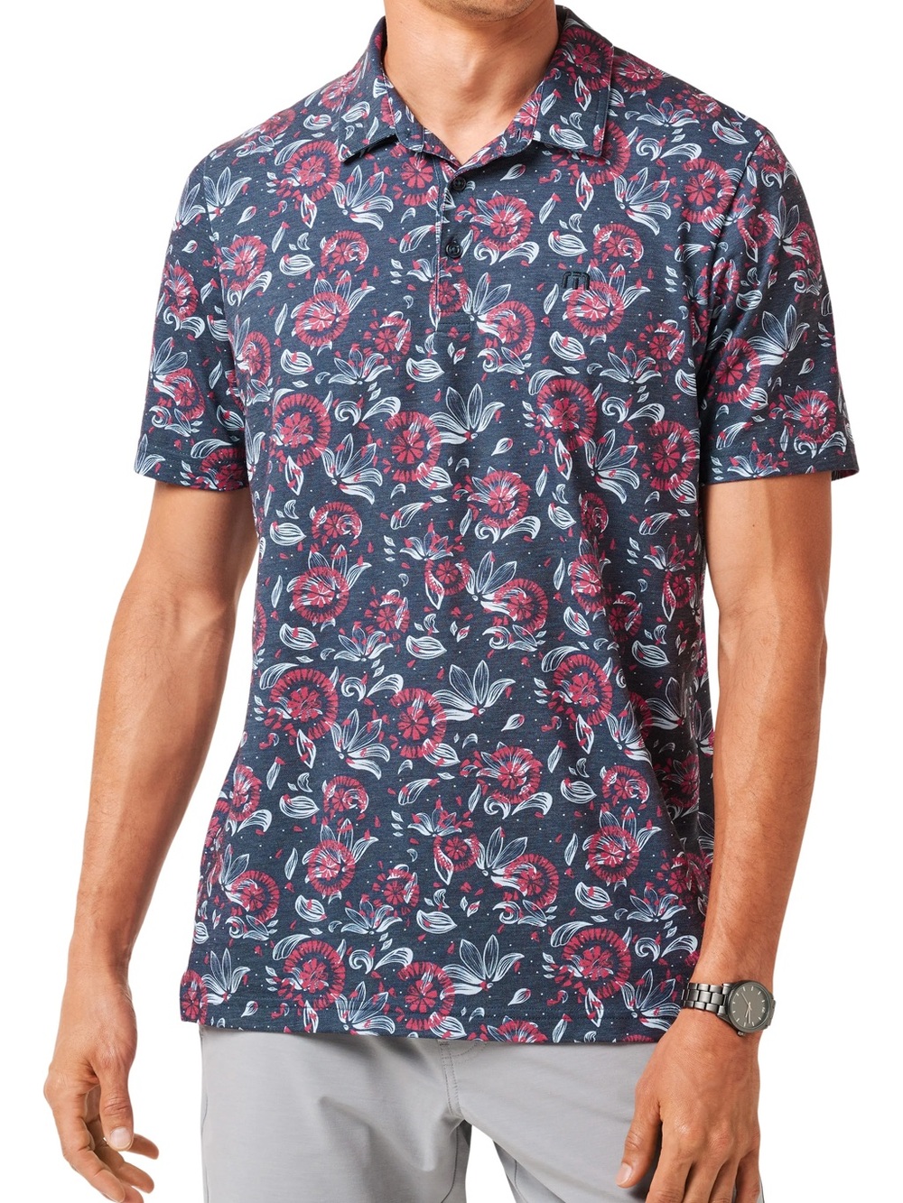 Travis Mathew Navy Polo with Red Floral Print